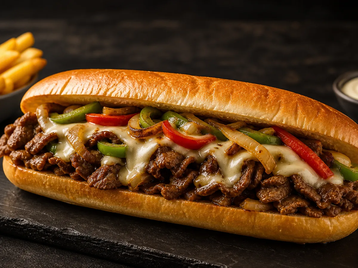 Bankhead cheese steak with grilled peppers and melted cheese on a hoagie roll