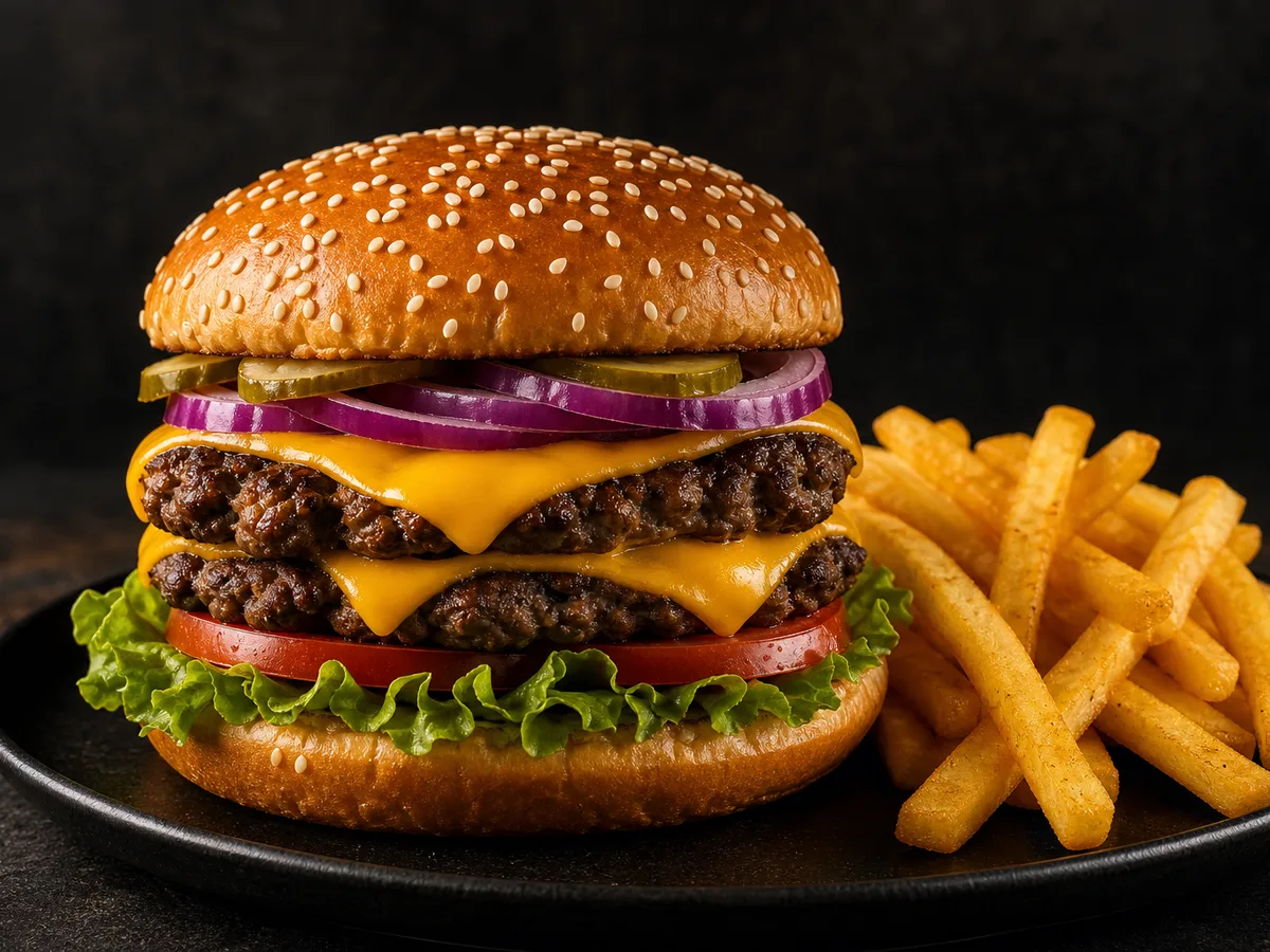 Bismillah halal beef burger with cheese, lettuce, and tomato served with fries
