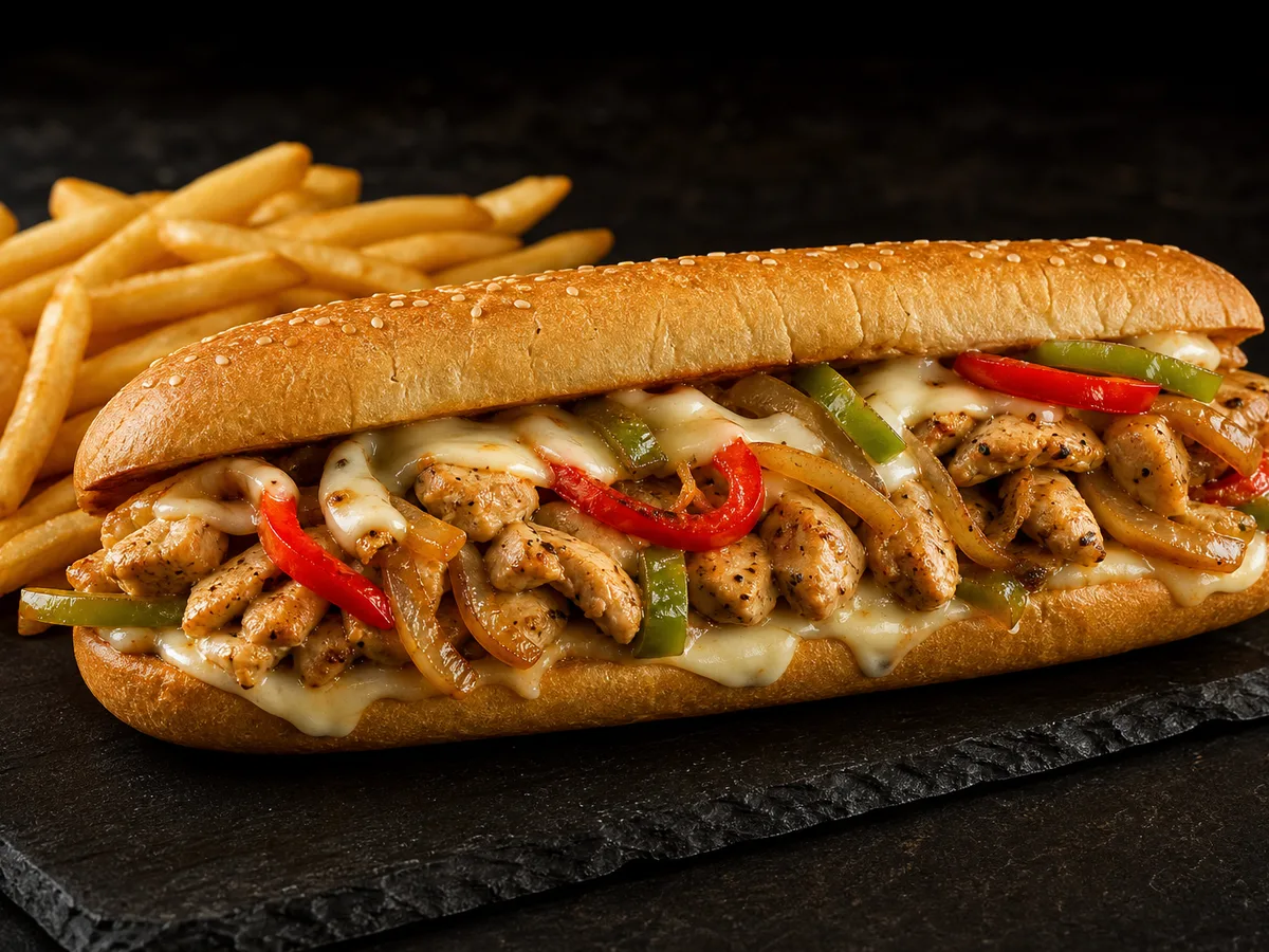 Chicken Philly sandwich with sautéed onions, peppers, and melted cheese