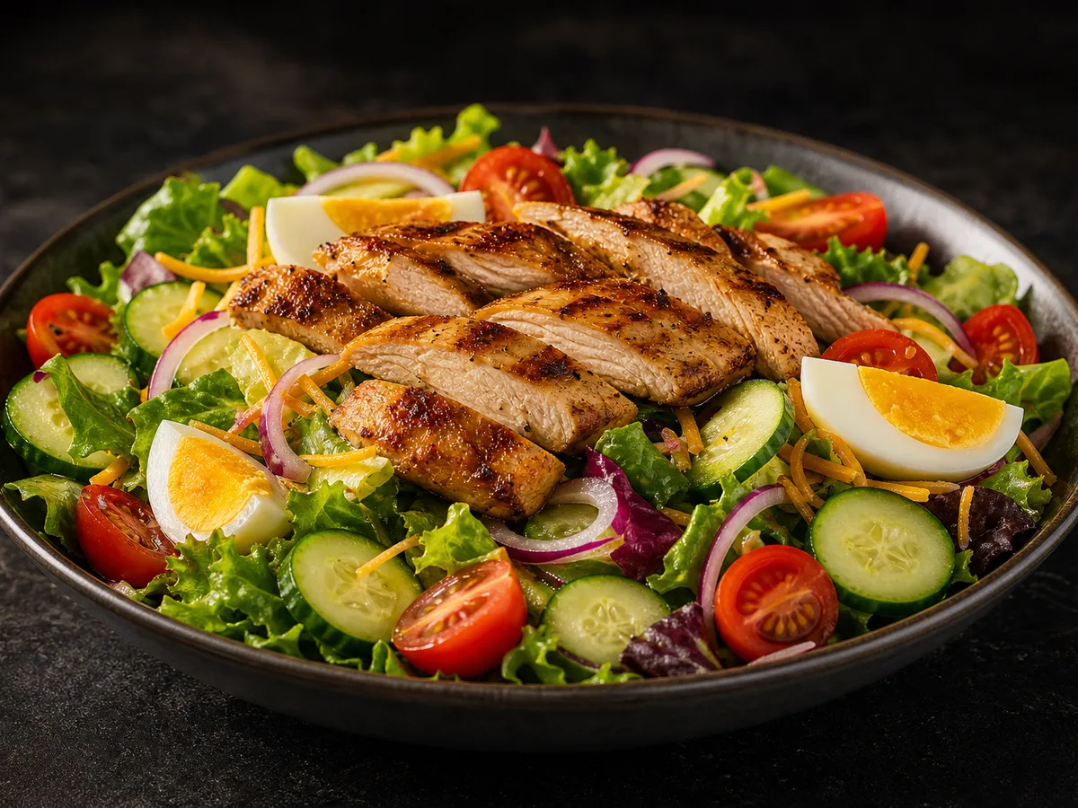 Fresh salad bowl with mixed greens, grilled chicken, and colorful vegetables