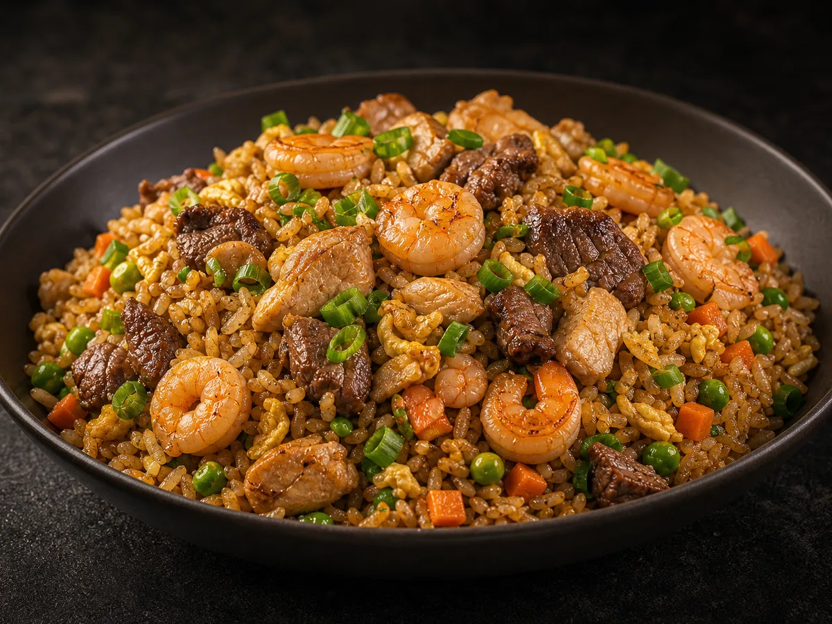 House fried rice with shrimp, chicken, and beef wok-tossed with vegetables
